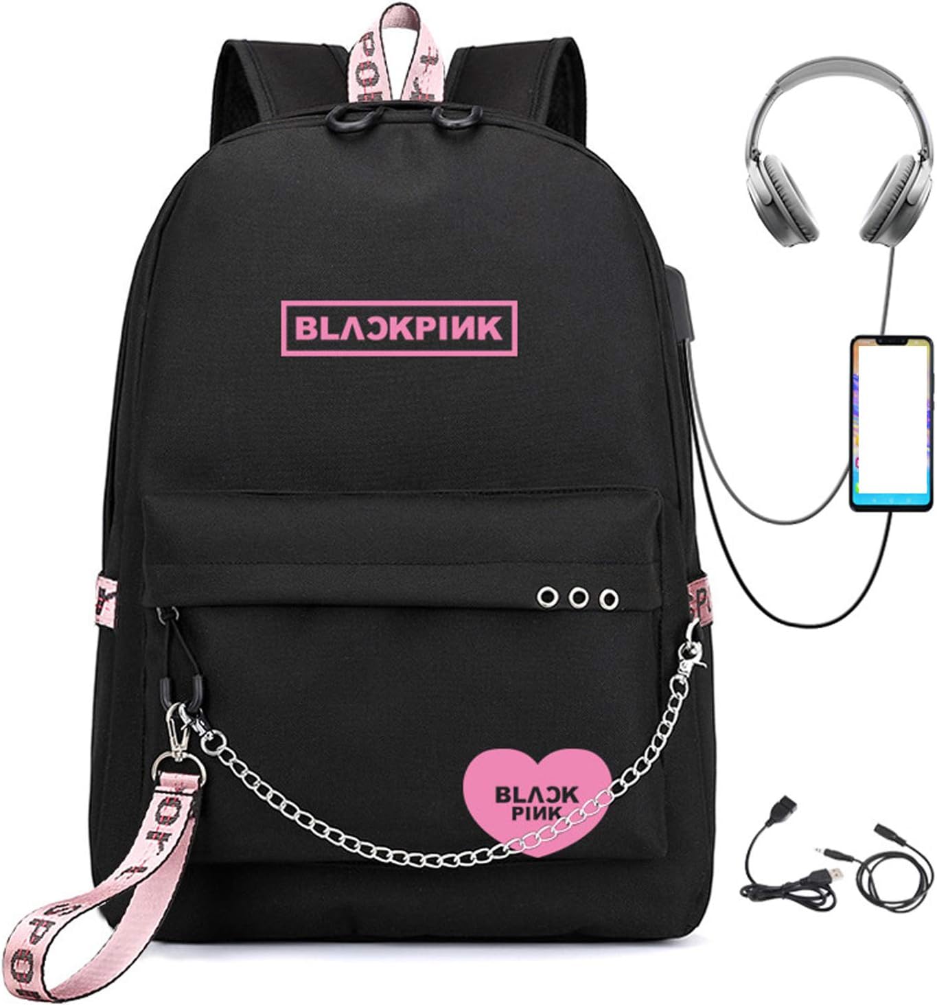 Kpop Backpack Black Pink USB Charging Fashion Messenger Bag