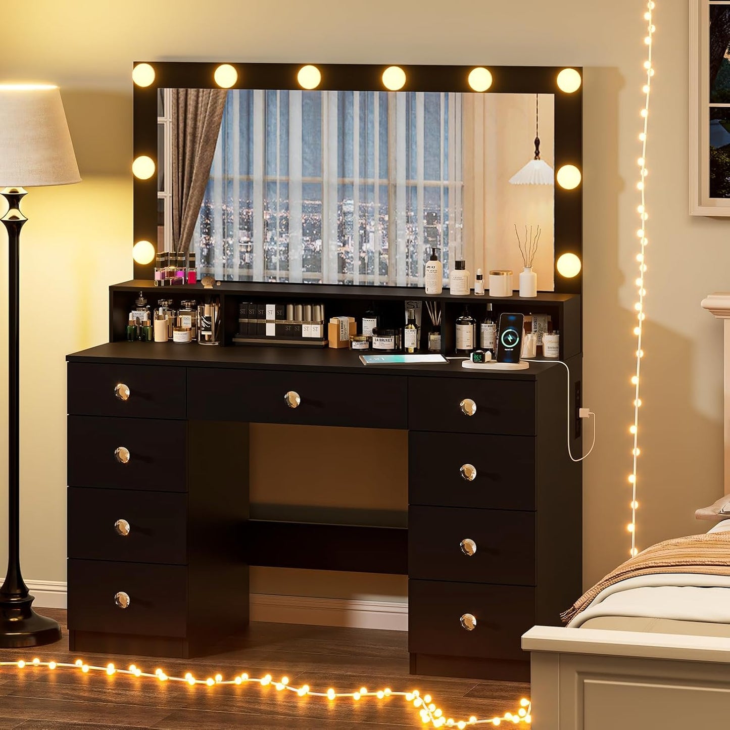 Black Vanity Desk: Super Storage, 9 Drawers, 3 Lighting Modes