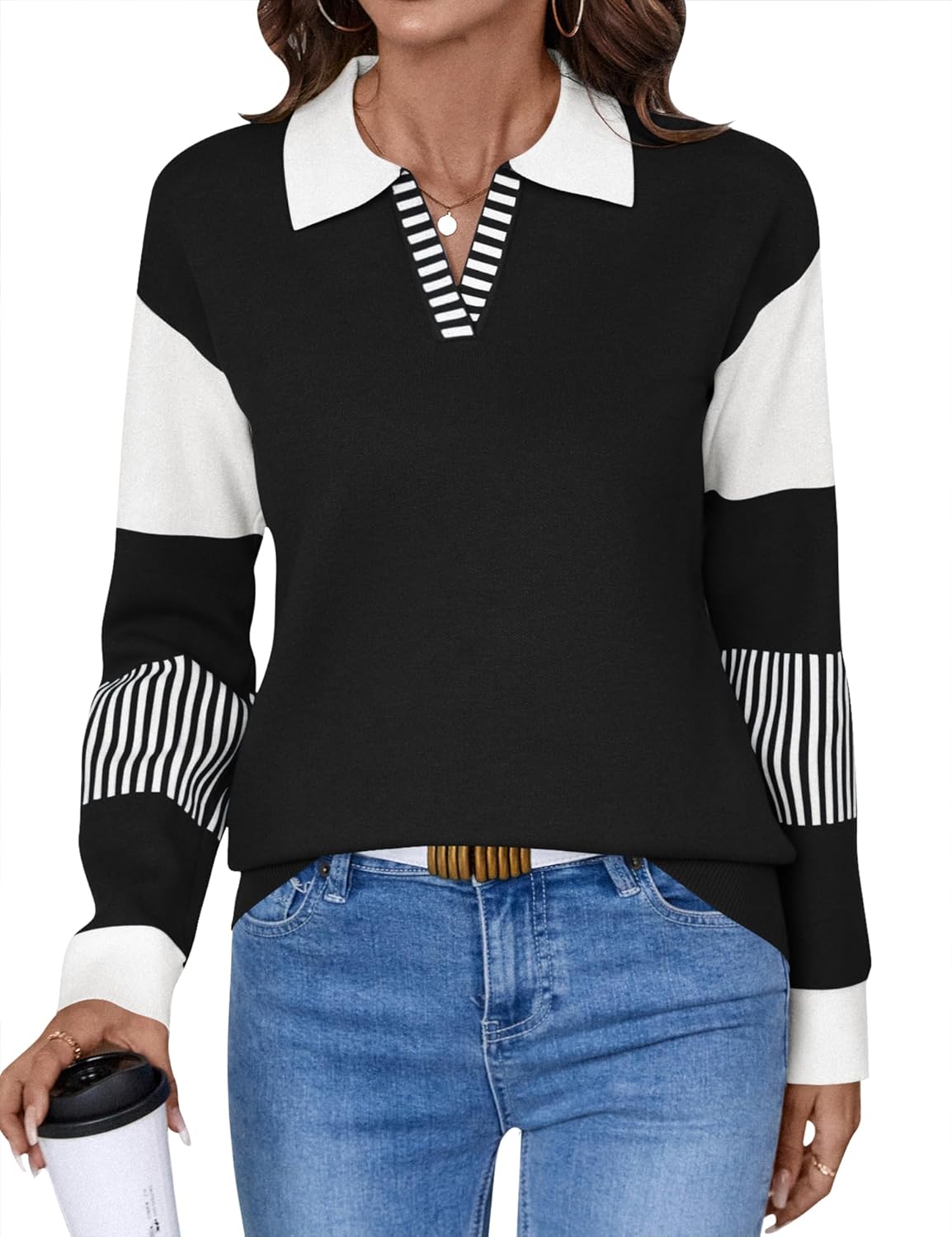 LOMON V Neck Long Sleeve Loose Sweaters for Cozy Style