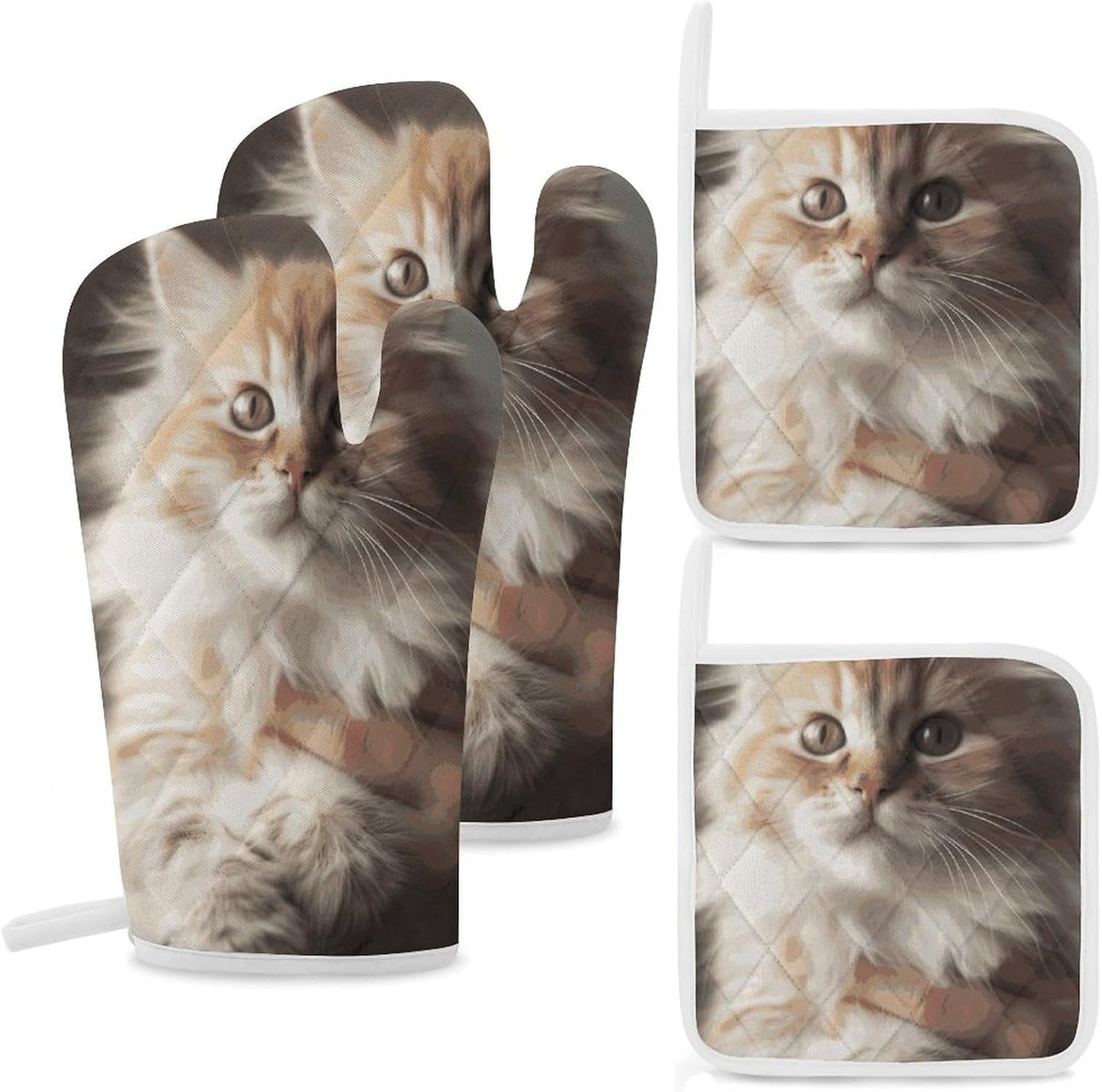 Cute Kitty Heat Resistant Oven Mitts Set