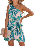 One Shoulder Leaf Print Self-tie Short Dress - Tropical Mini