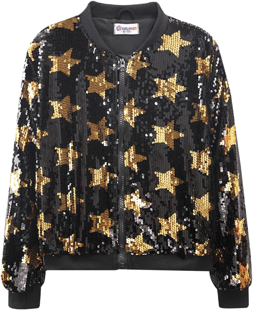 Girls' Ombre Sequin Bomber Jacket with Pockets for Kids