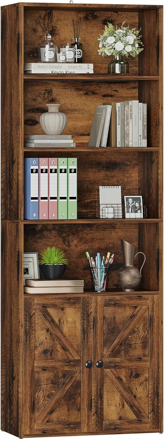 Furniwell Industrial Bookshelf with Doors for Home Office Storage