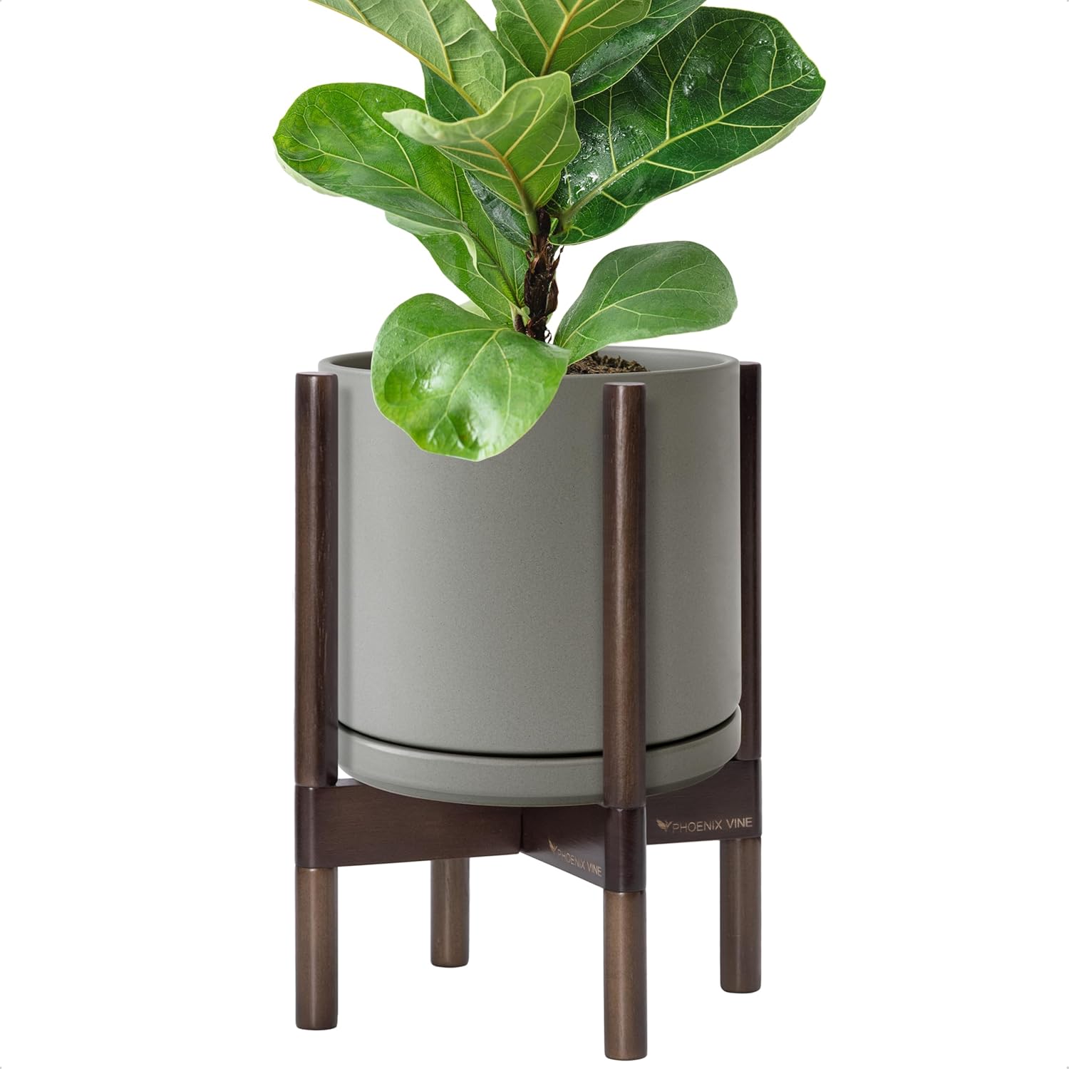D'vine Dev Ceramic Planter with Walnut Stand - 10 Inch Modern Pot