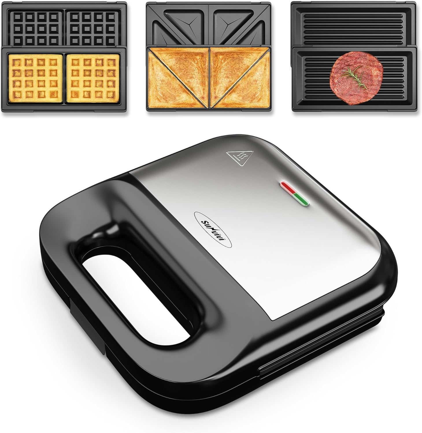 Sunvivi 3-In-1 Sandwich Maker - Non-Stick Plates & Cool Touch Handle