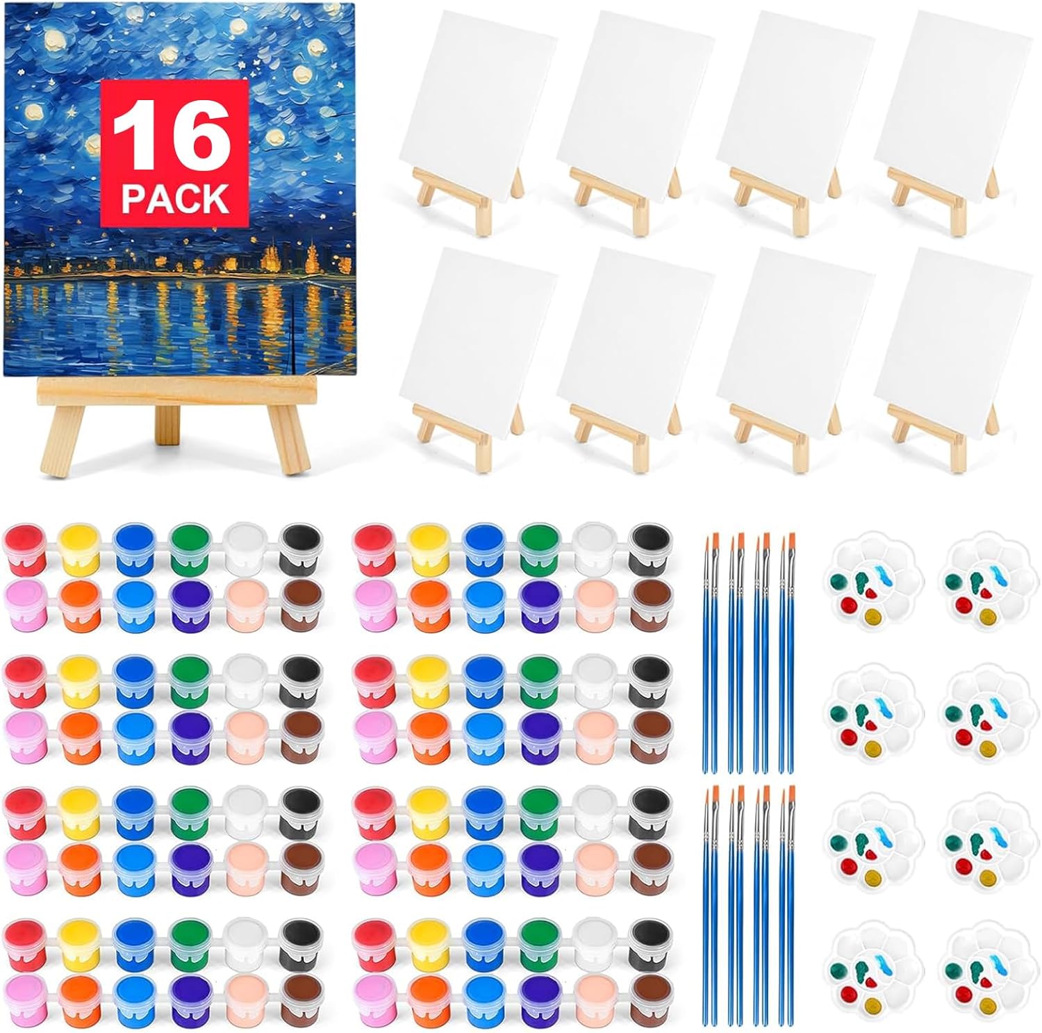 16 Pack 8x10In Canvas Boards for Painting with Brushes & Easels