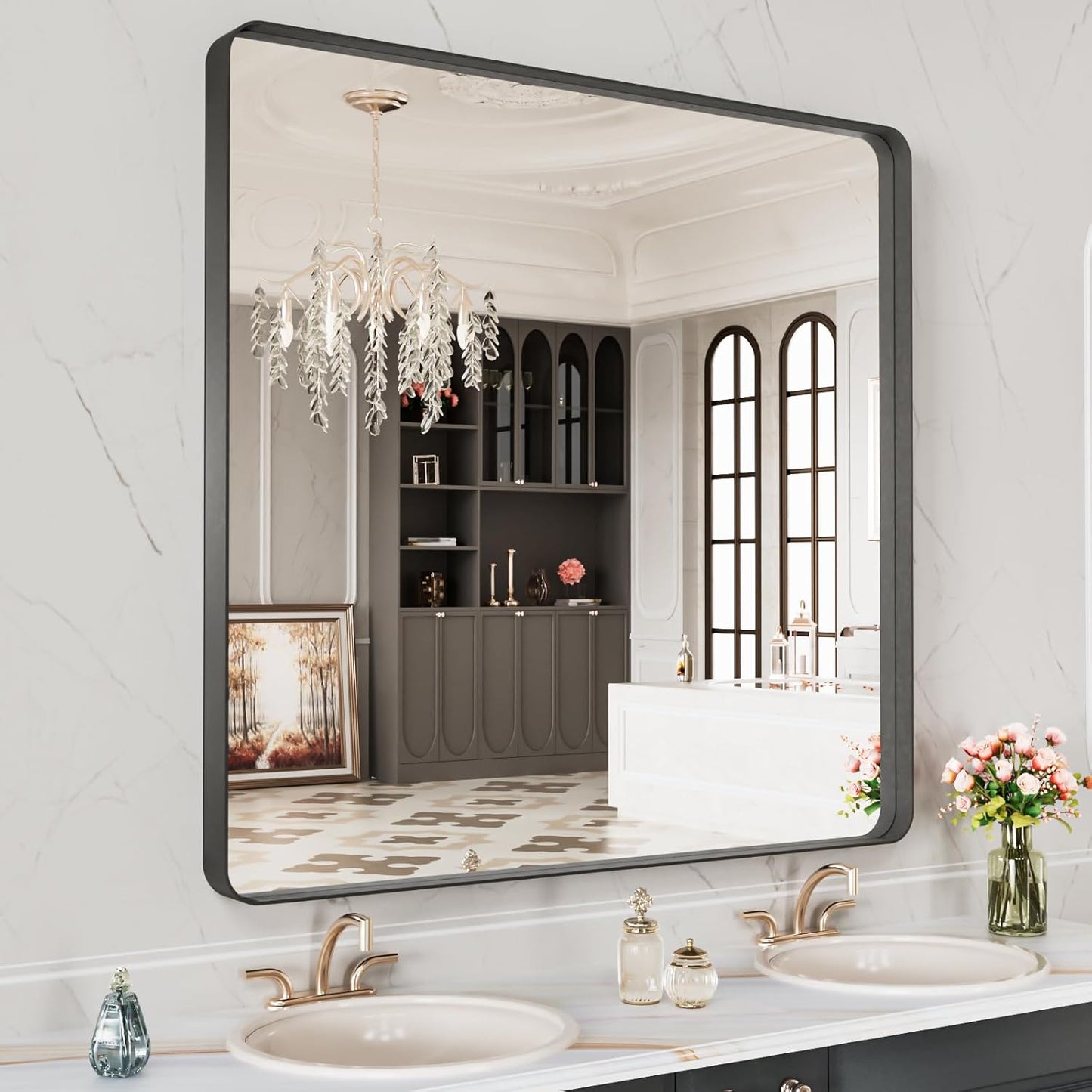 28X32 Inch Black Metal Framed Bathroom Mirror for Wall Decor