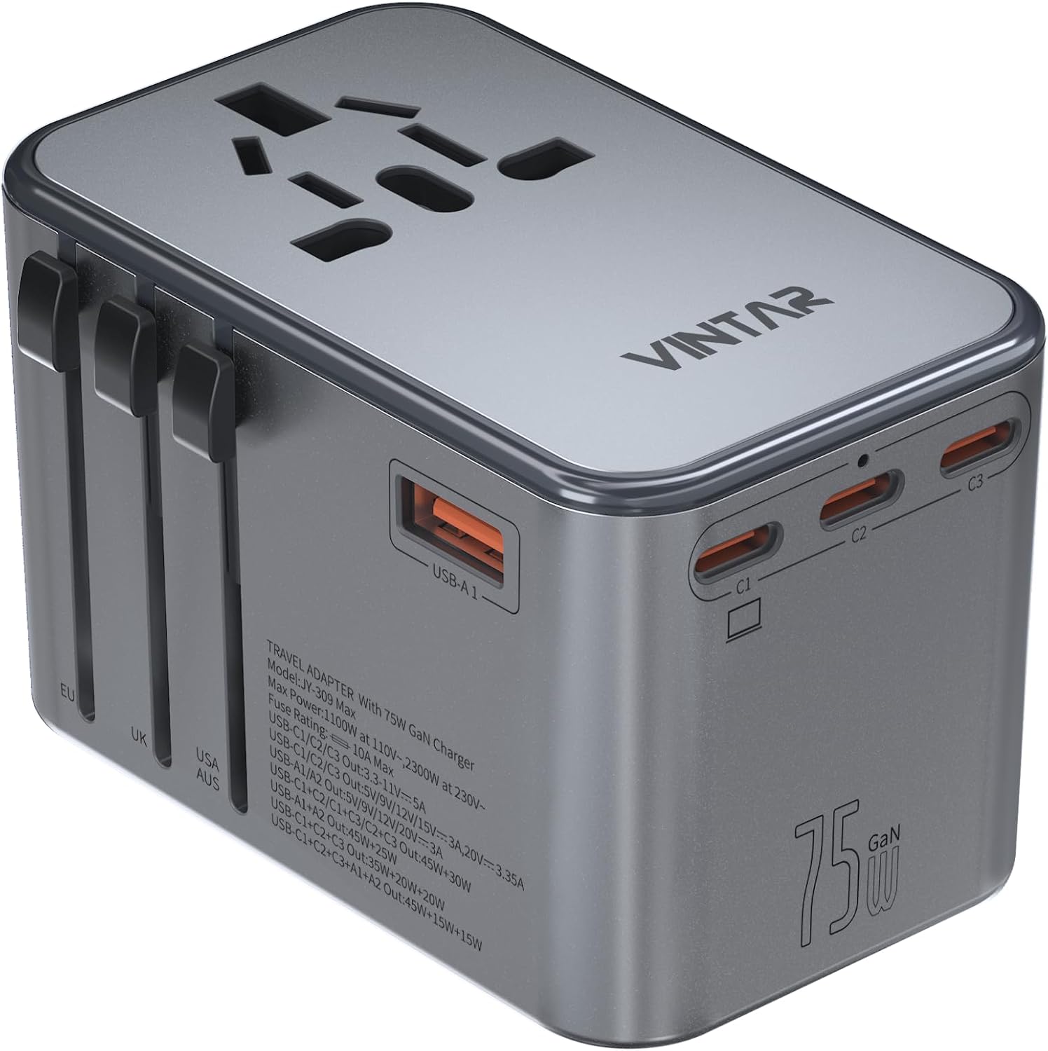 Universal Travel Adapter with 75W GaN Fast Charging for All Devices