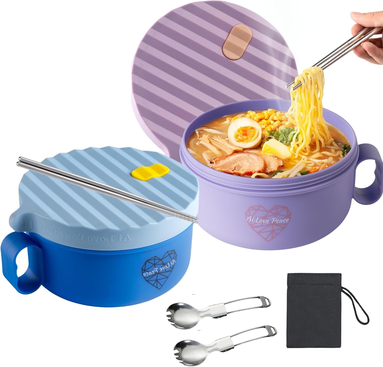 Microwavable Ramen Bowls Set with Chopsticks and Utensil Bag