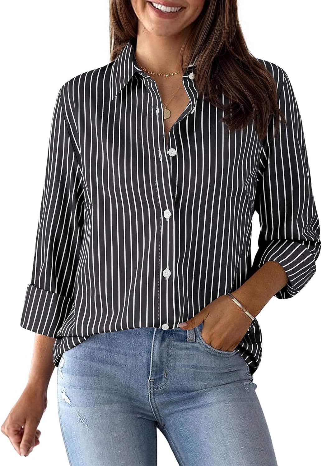 Womens Button Down Shirts Cotton Striped Dress Shirt Long Sleeve