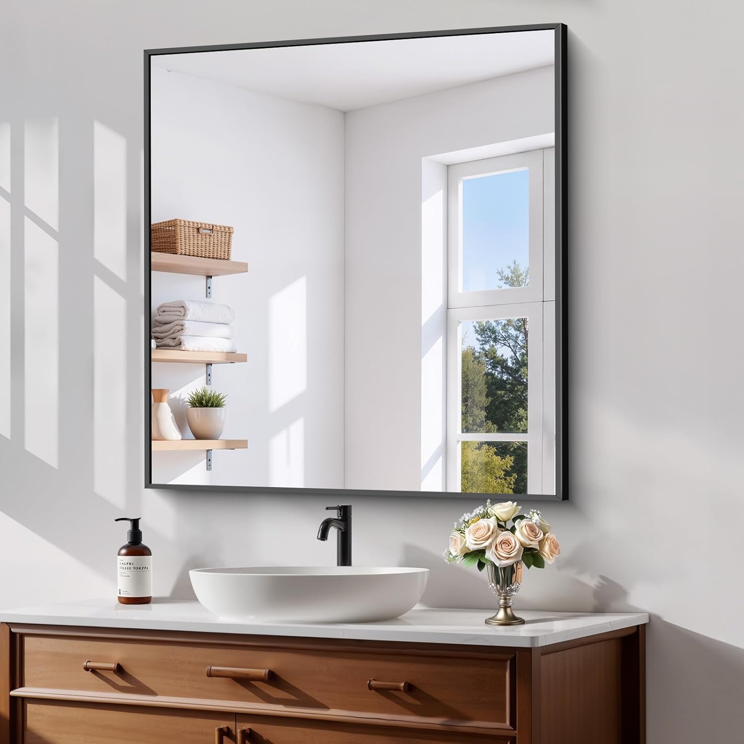 Koonmi Black Framed Bathroom Mirror - Shatterproof 38x26 in