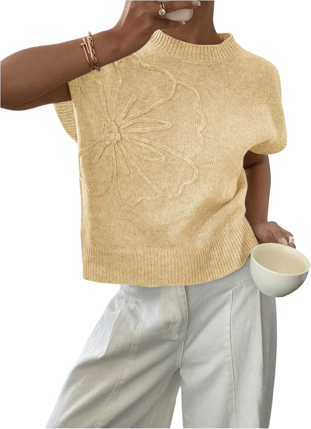 SOLY HUX Women's Ribbed Sweater with Floral Knit Design