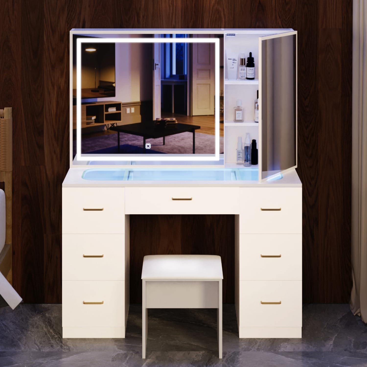 7-Drawer White Vanity Set with Lighted Mirror - Jartoil