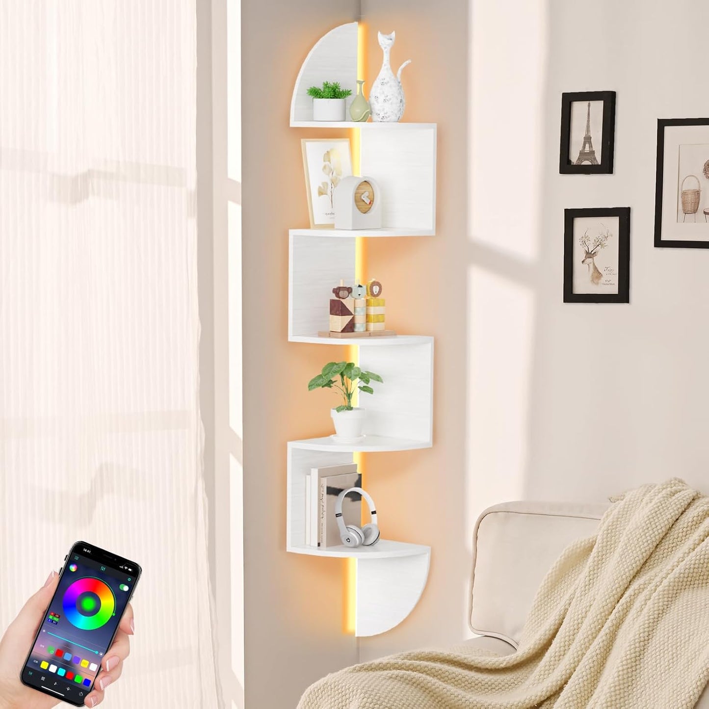 Waipfaru Corner Shelf with LED Light - 5 Tier Floating Shelf