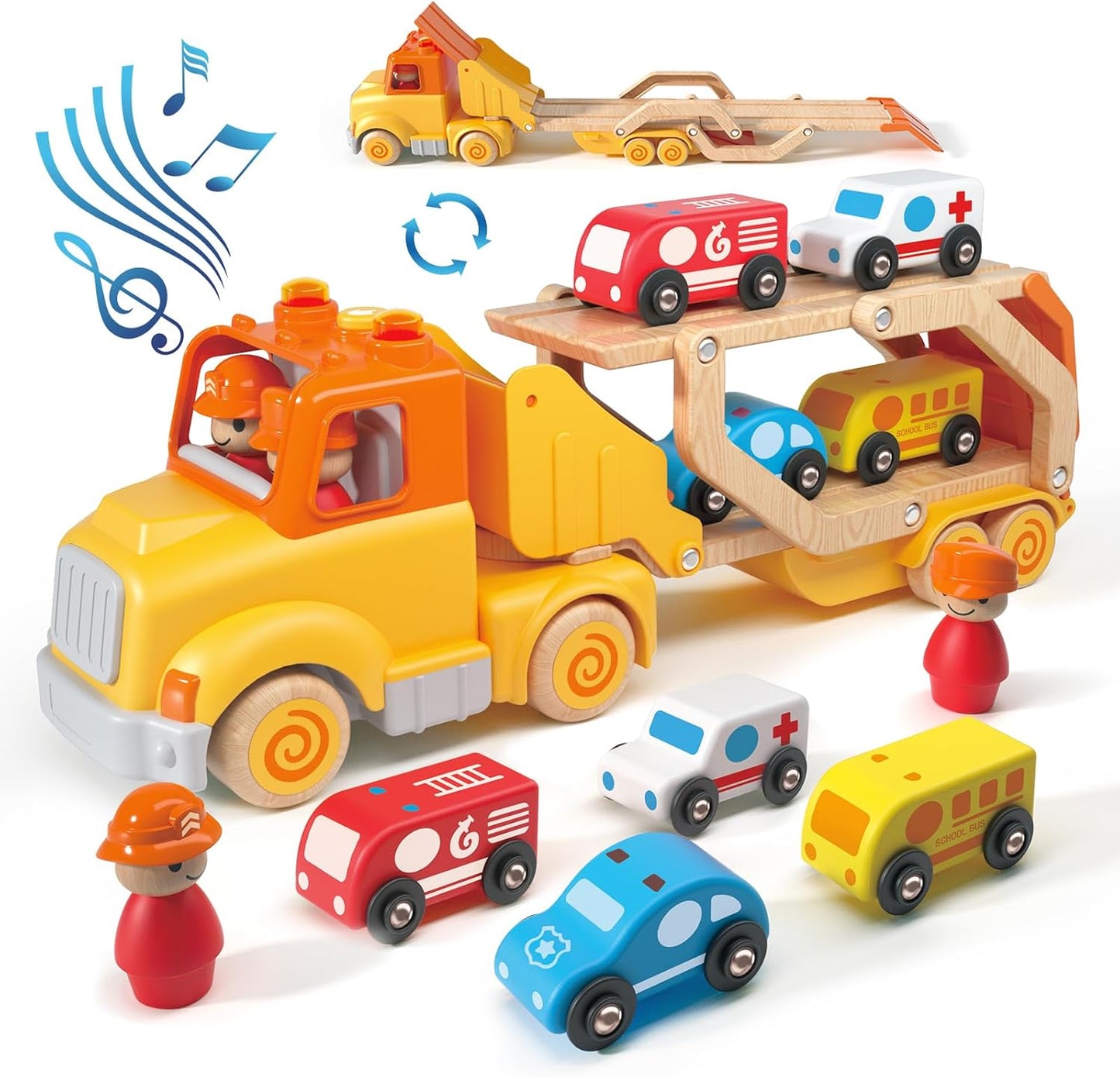 Toddler Car Toys Transport Carrier Truck with 4 Wooden Vehicles