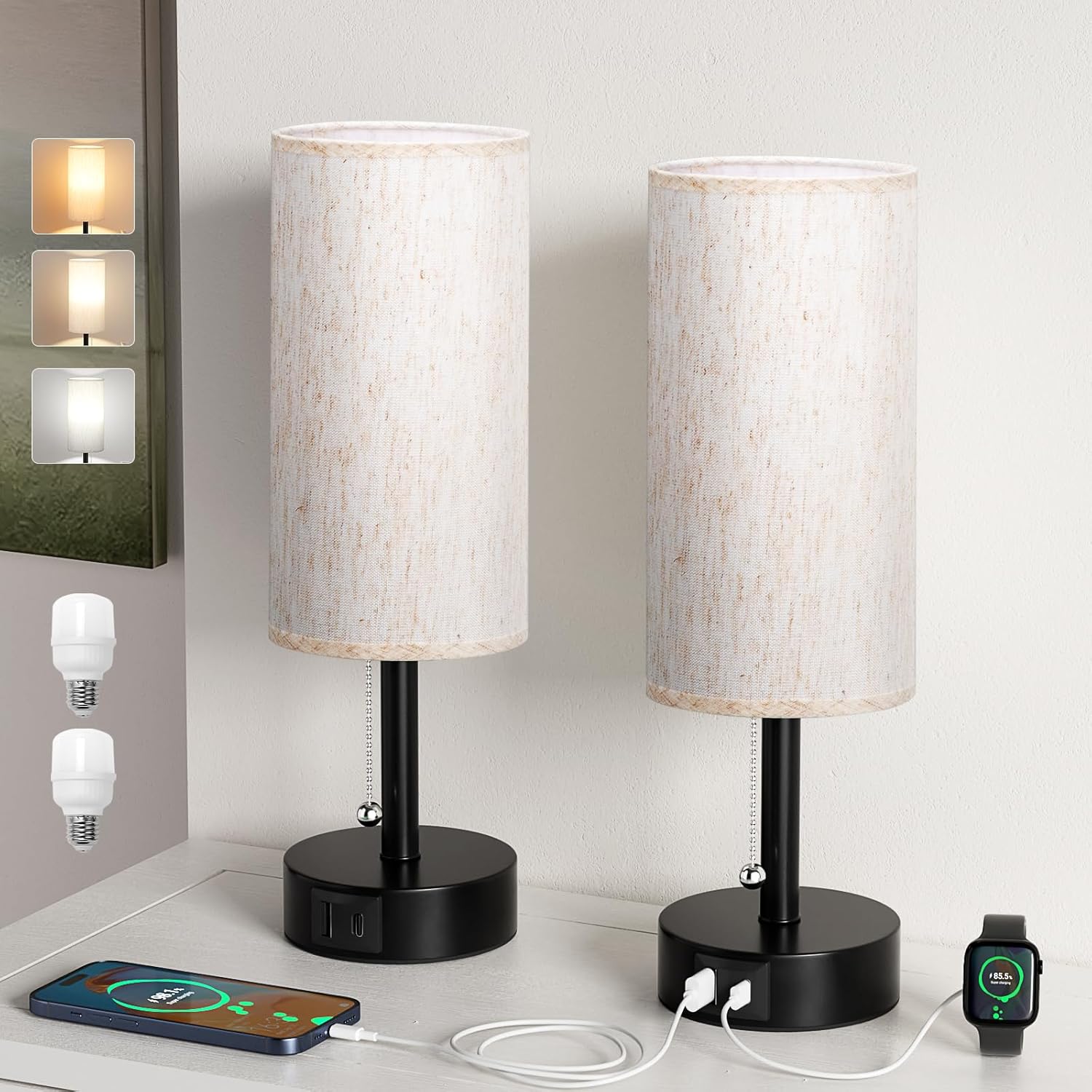 USB Bedside Table Lamps Set of 2 with 3 Color Temperatures