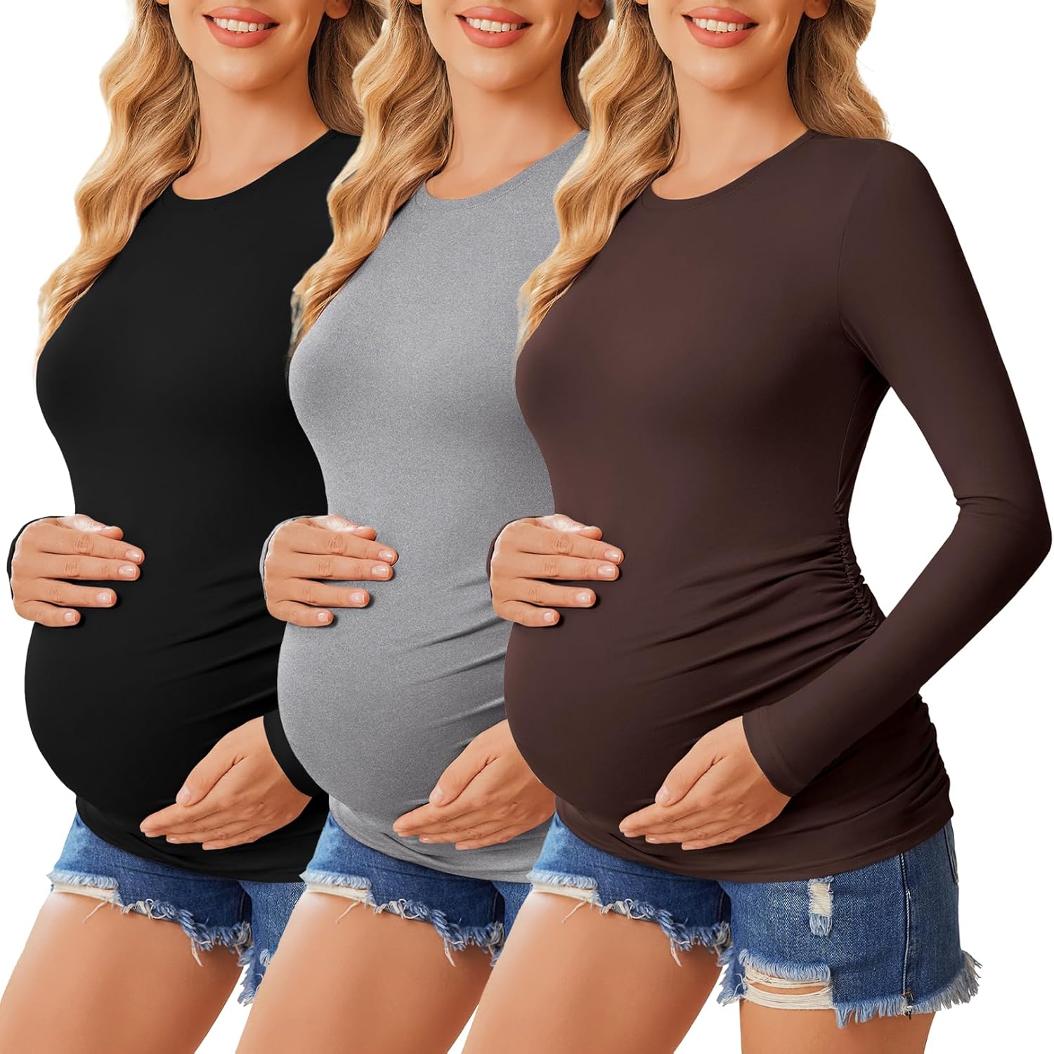 Ekouaer Maternity Shirts 3 Pack Long Sleeve Pregnancy Tops