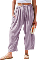 Womens Linen Wide Leg Pants with Drawstring for Summer Casual Style