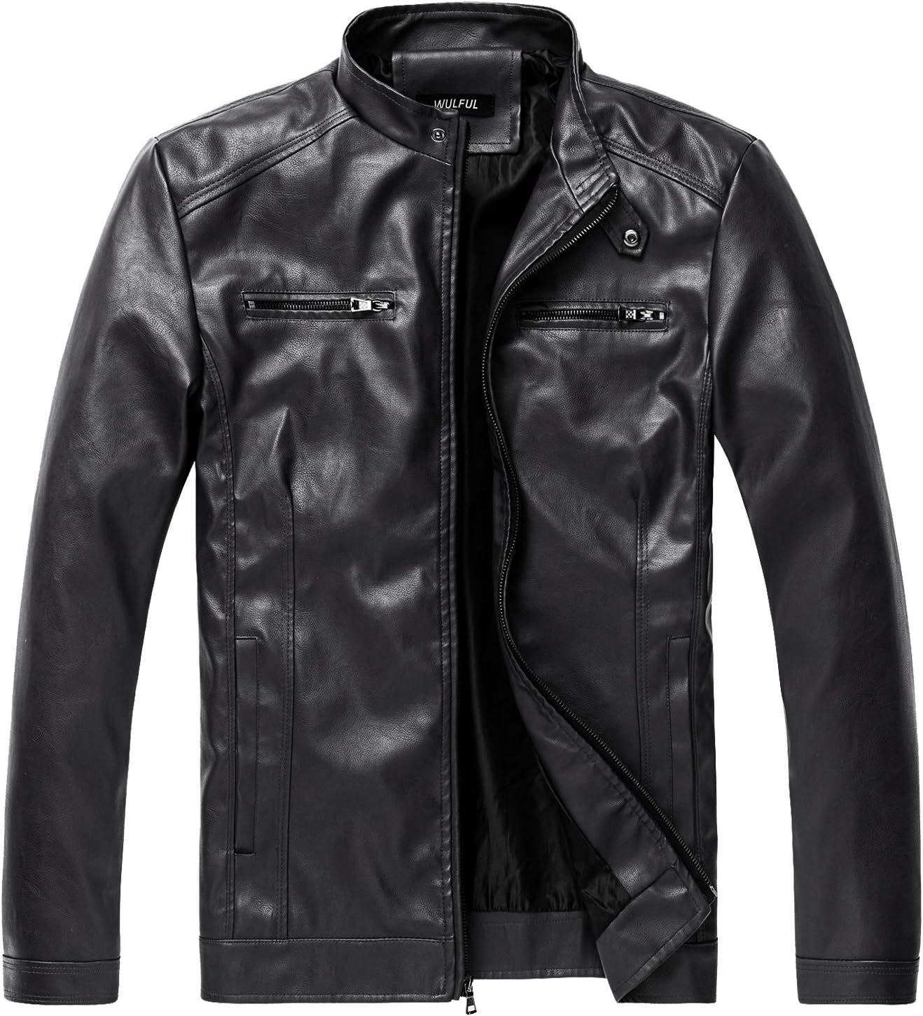 WULFUL Men's Stand Collar Leather Jacket for All Seasons Wear