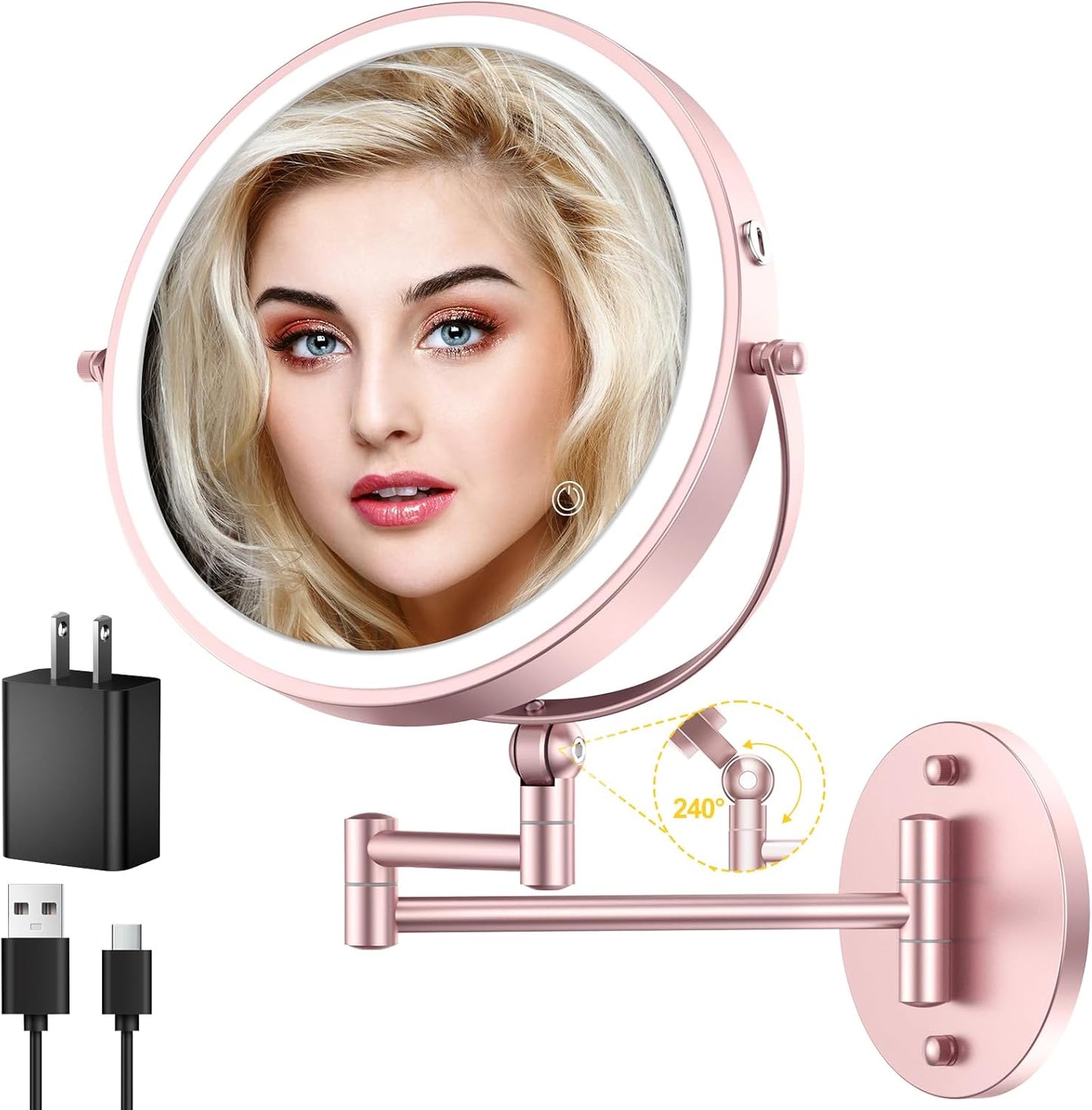9in Wall Mounted Lighted Makeup Mirror with 360 Rotation Feature