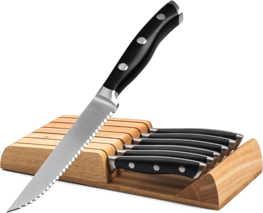 Alata 6-Piece Steak Knives Set with Block for Effortless Slicing