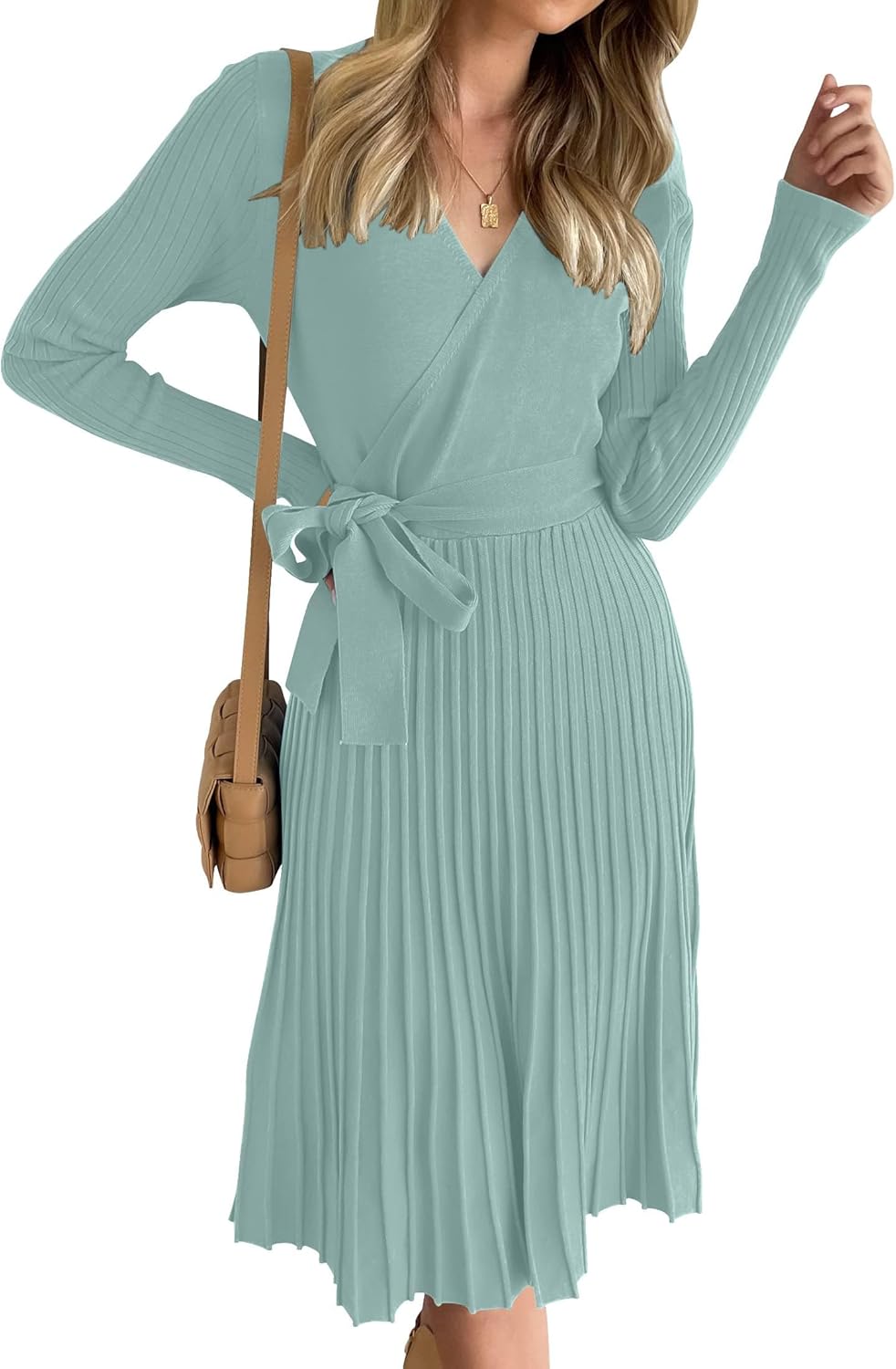 ZESICA Women's Fall Long Sleeve Wrap V Neck Sweater Dress