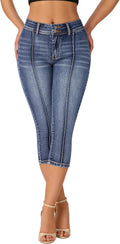 Womens Capri Denim Jeans Mid Rise Skinny Stretchy Front Seam - Trendy
