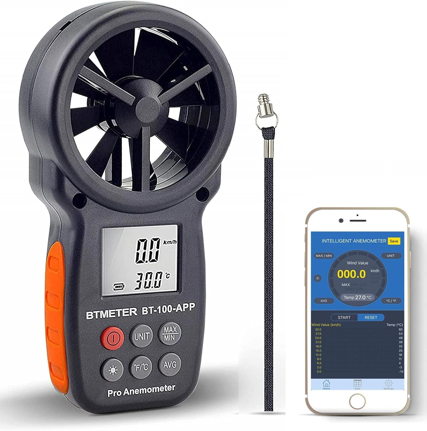 BTMETER BT-100APP Anemometer: Wireless Digital Wind Speed Meter
