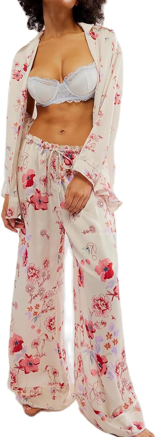 Satin Silk Pajama Set for Women - Floral Long Sleeve Pjs