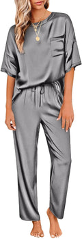 Ekouaer Womens Satin Silky Pajama Set Short Sleeve with Long Pants