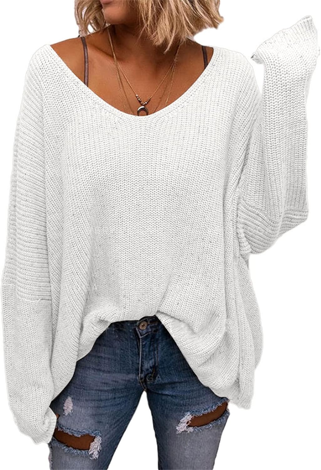 Stylish BZB Women's V Neck Long Sleeve Oversized Pullover Sweater