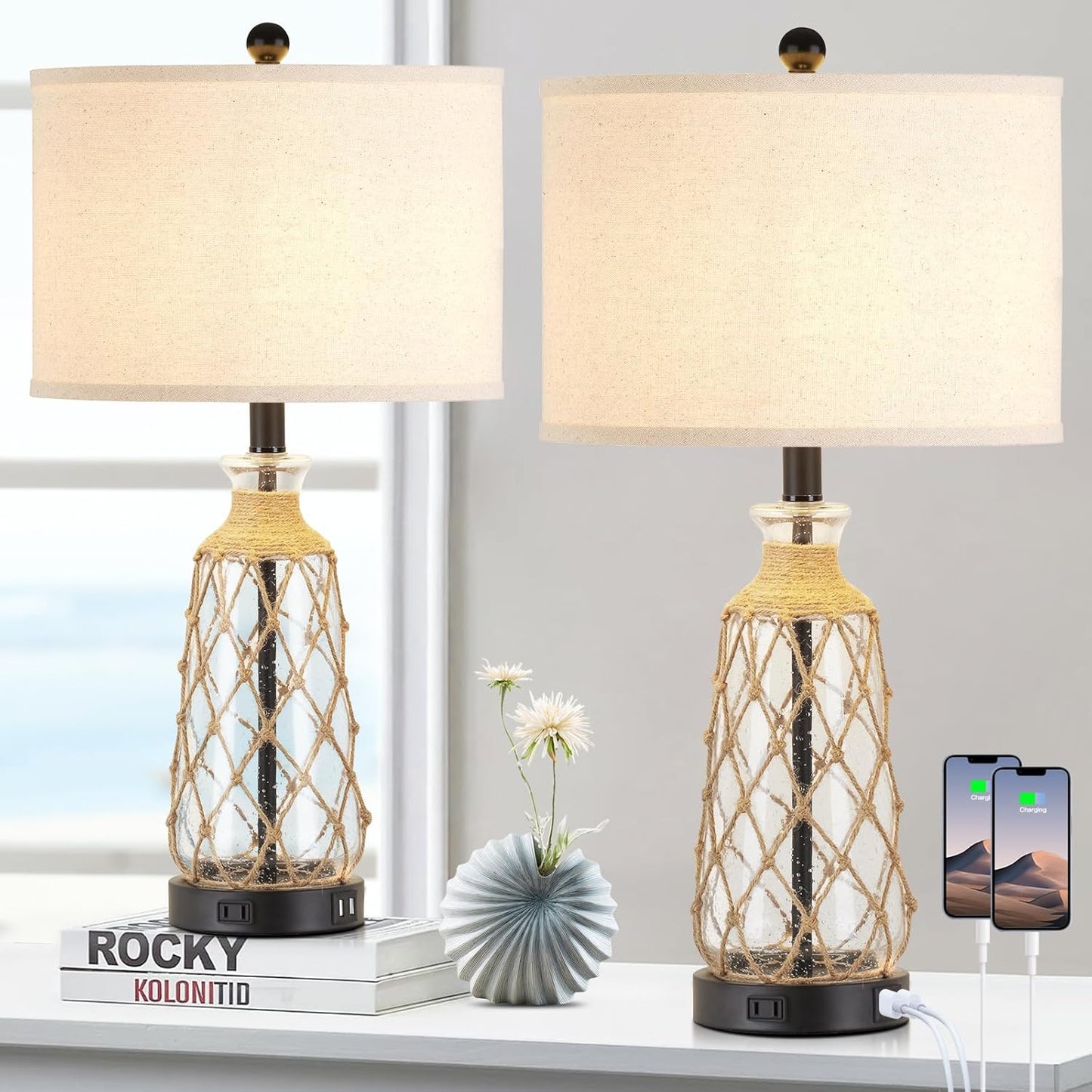 25.5 Coastal Glass Table Lamps Set of 2 with USB Ports