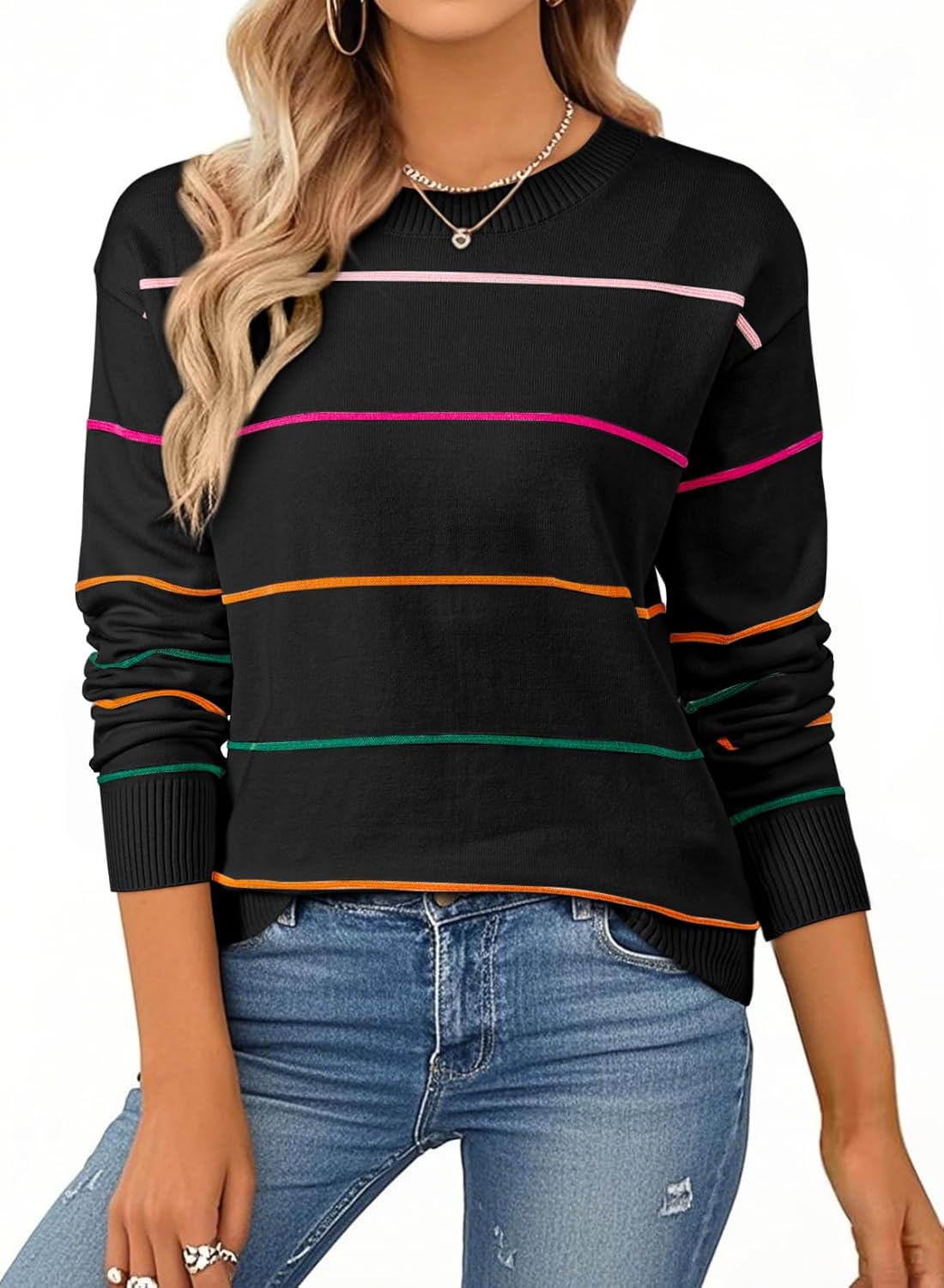 SHEWIN Womens Sweaters Crew Neck Knit Long Sleeve Striped Style
