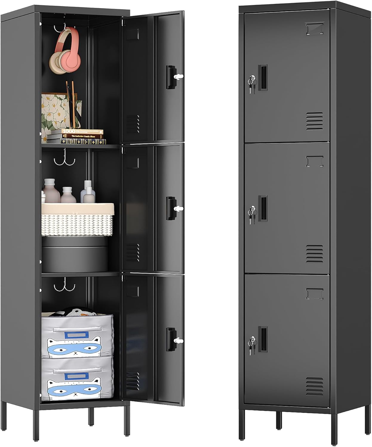 Aobabo 16in W 3 Door Metal Storage Locker with Lock for Home