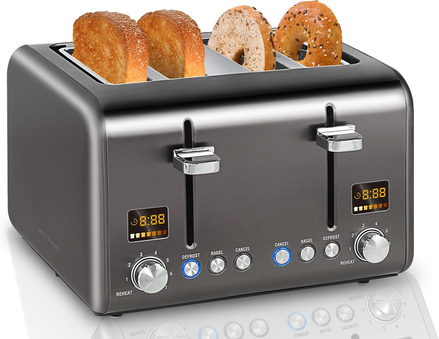 SEEDEEM 4 Slice Stainless Toaster with LCD Display and Functions