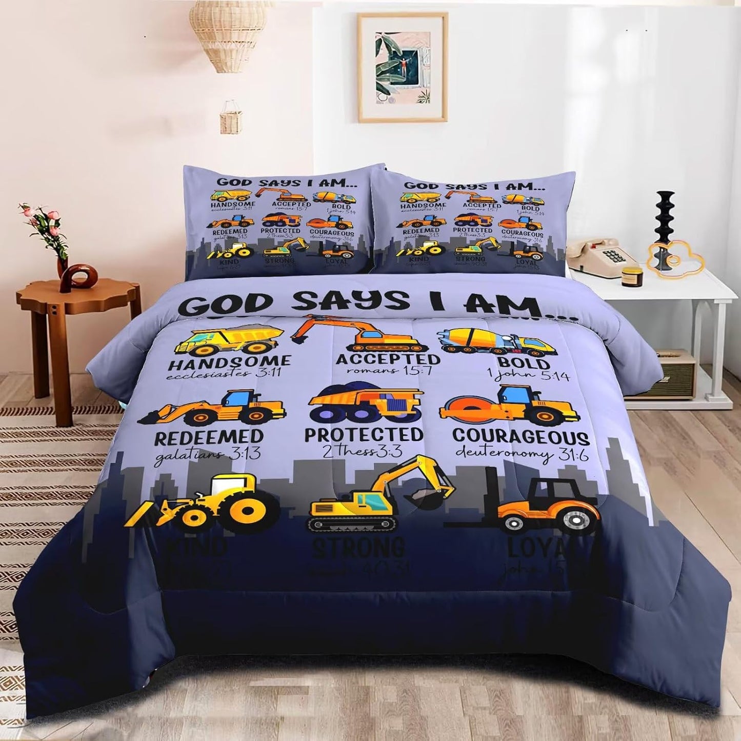 Boys Kids Construction Truck Comforter Set Full Size Bedding