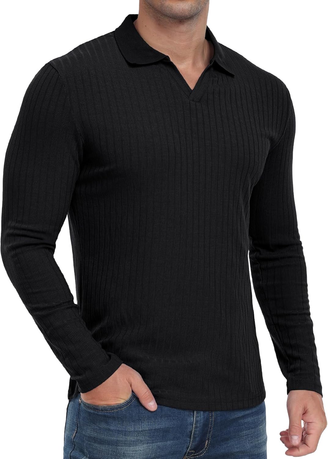 Askdeer Men's Slim Fit Muscle Polo - Ribbed V Neck Tee