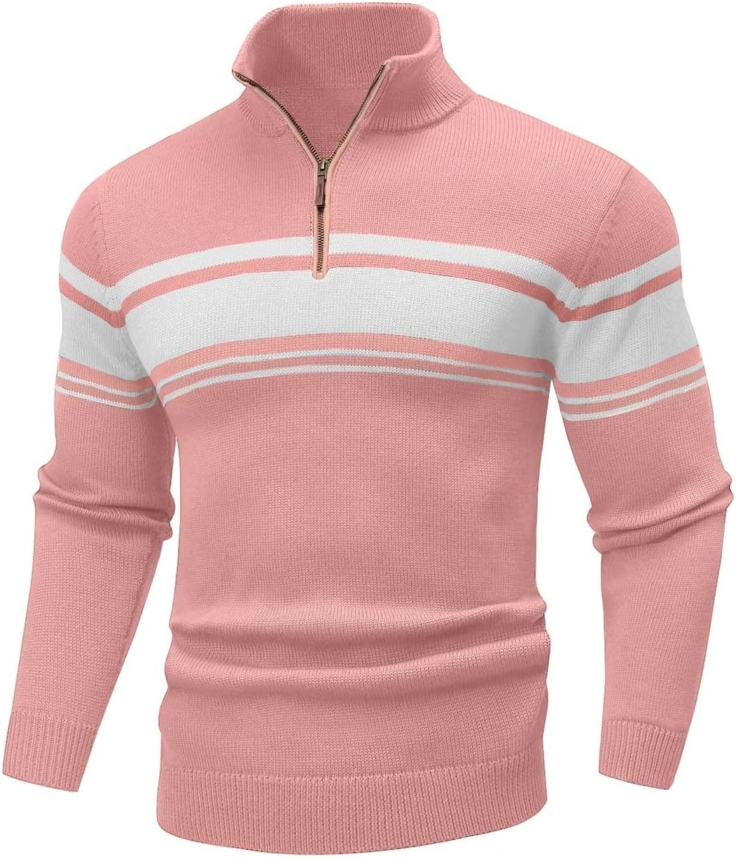Mens Quarter Zip Sweater Casual Striped Long Sleeve Warm Pullover