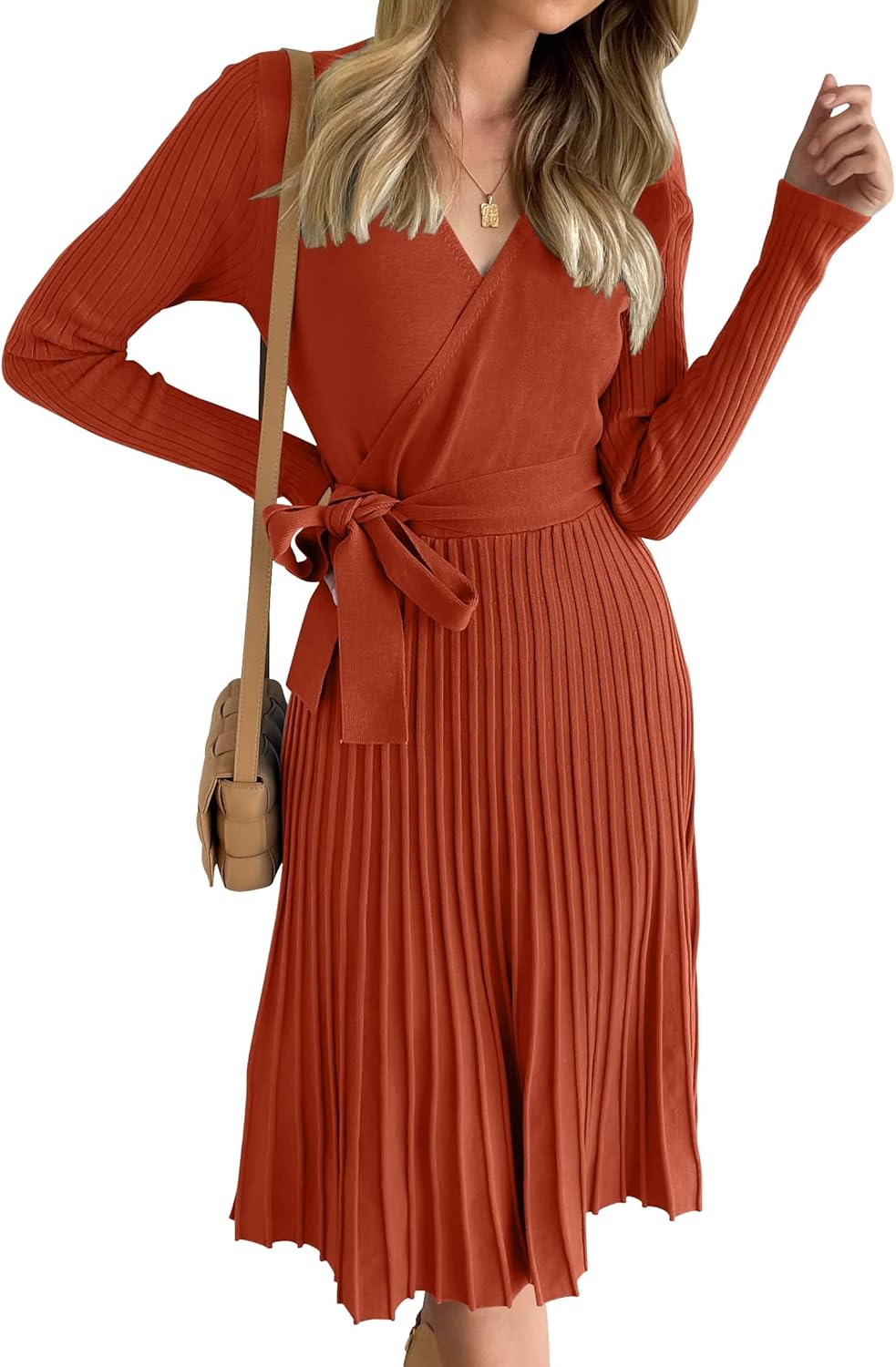 ZESICA Women's Fall Long Sleeve Wrap V Neck Sweater Dress