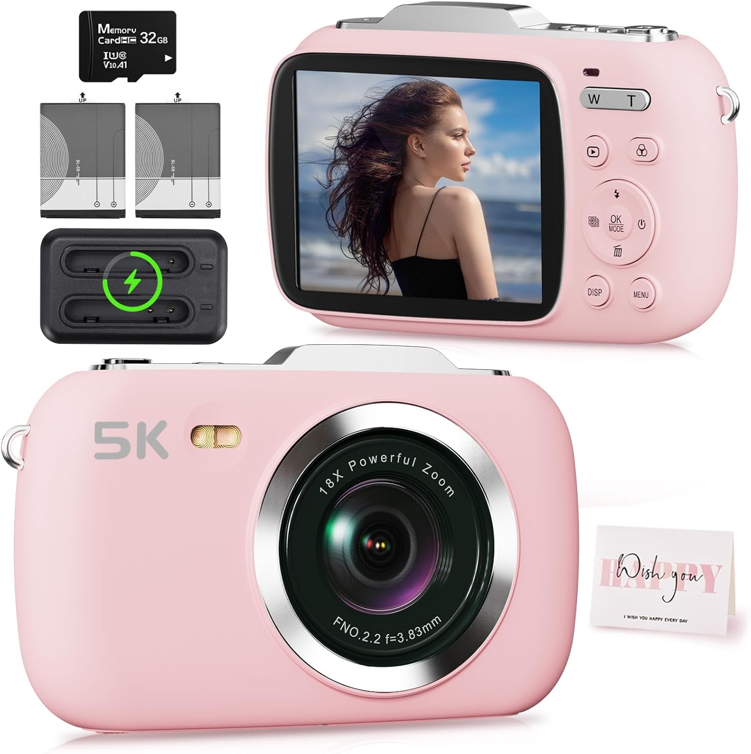 5K Portable Vlogging Camera - 80MP UHD, 18X Zoom, Pink