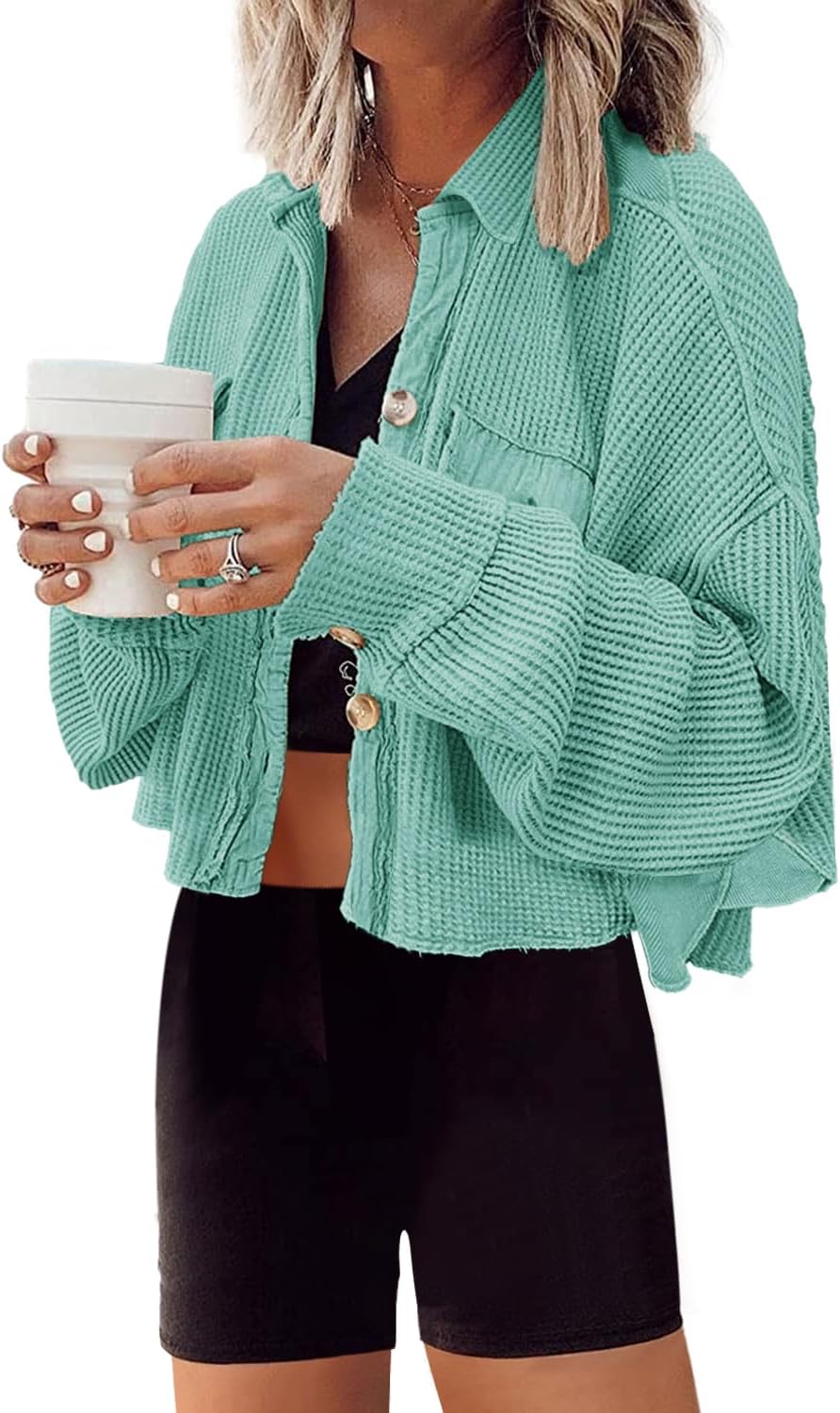 Cropped Waffle Knit Shacket for Women - Stylish and Comfy