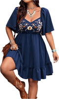 Women's Plus Size Western Cowgirl Floral Embroidered Mini Dress - Boho
