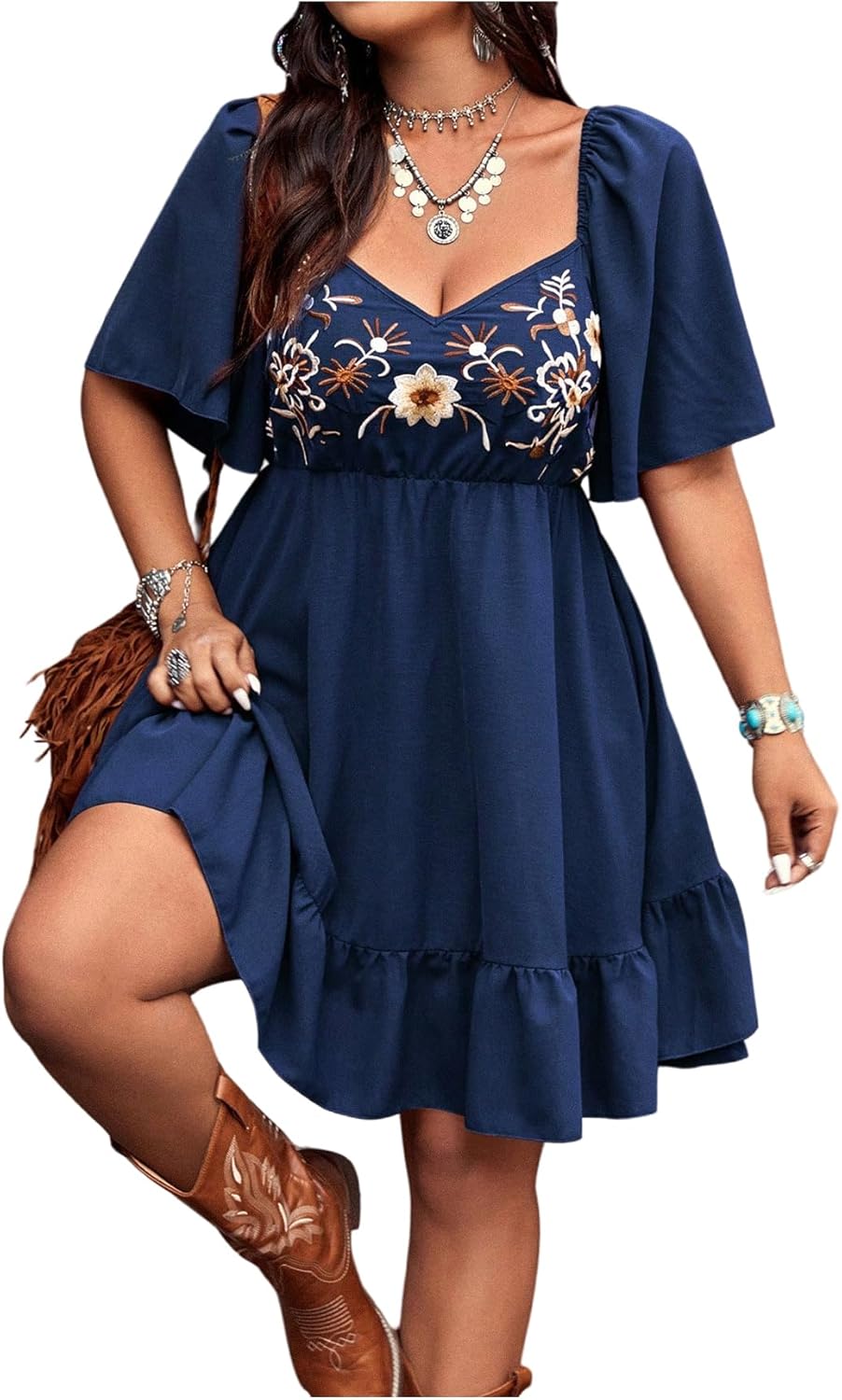 Plus Size Western Dress Floral Embroidered Cowgirl Outfit