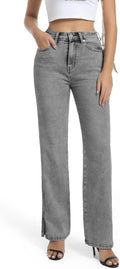 Womens High Waisted Stretchy Straight Leg Split Hem