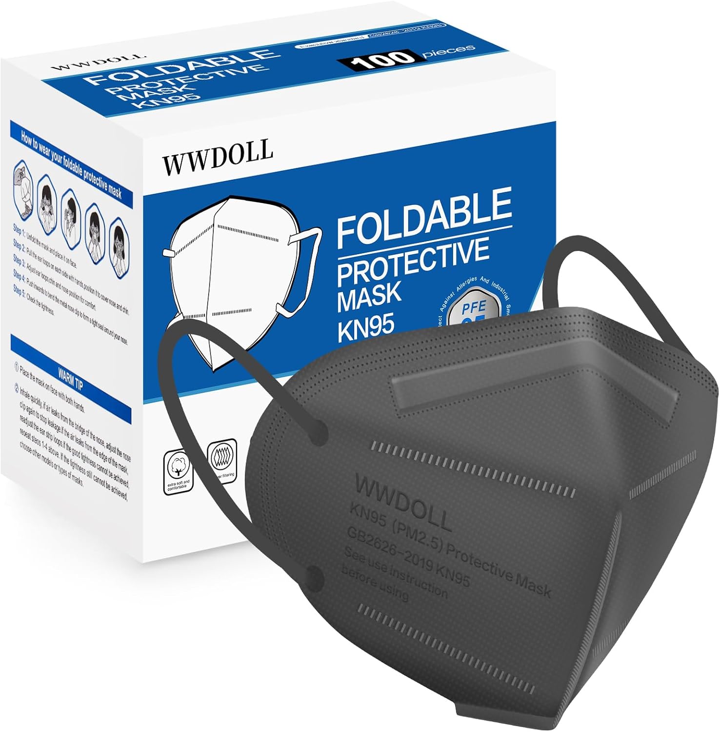 WWDOLL KN95 Face Mask 100 Pack - 5-Layer Breathable Protection