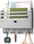 Mail Organizer Wall Mounted with 7 Key Hooks - Stylish Gray Mail