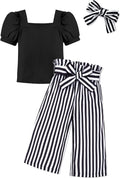 Girls Square Neck Shirt Top and Striped Pants Set - 3pc Spring Outfit