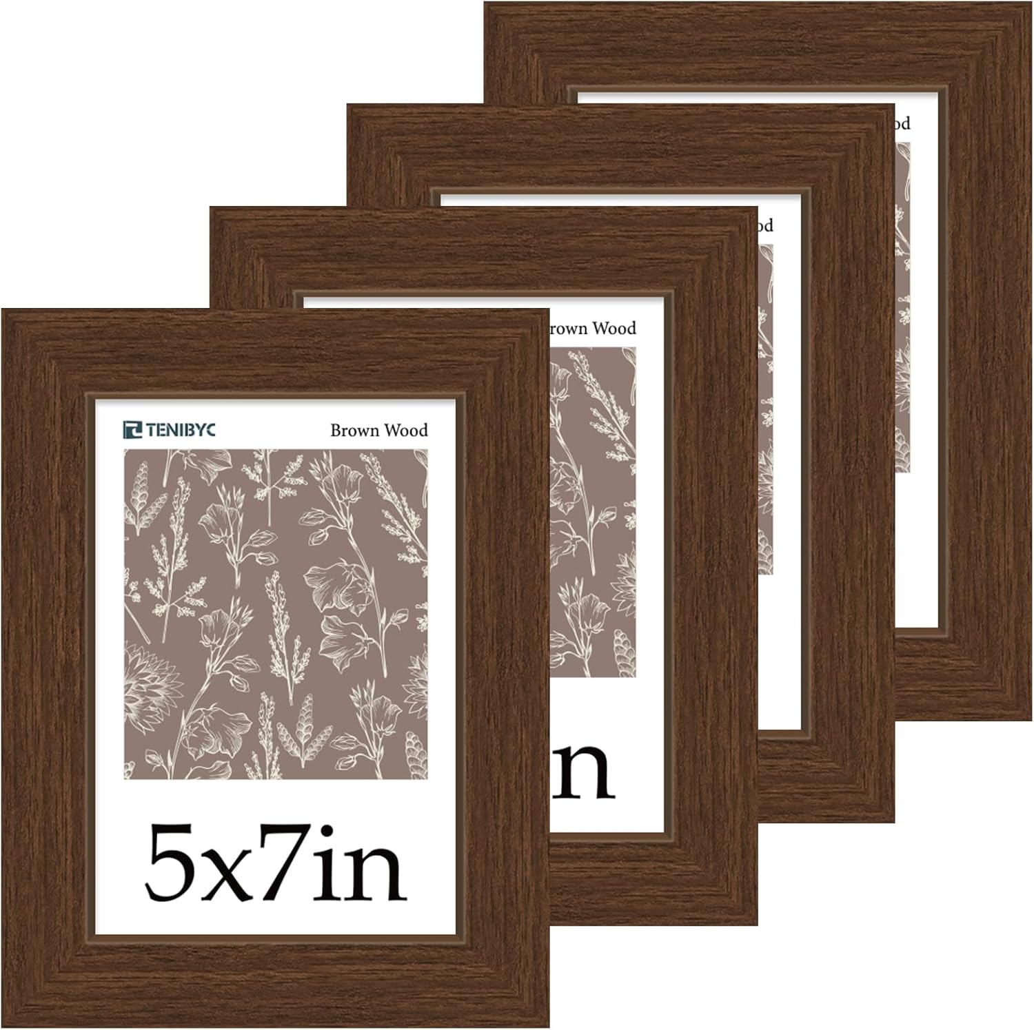5x7 Picture Frame 4 Pack - Elegant Brown Wood Design