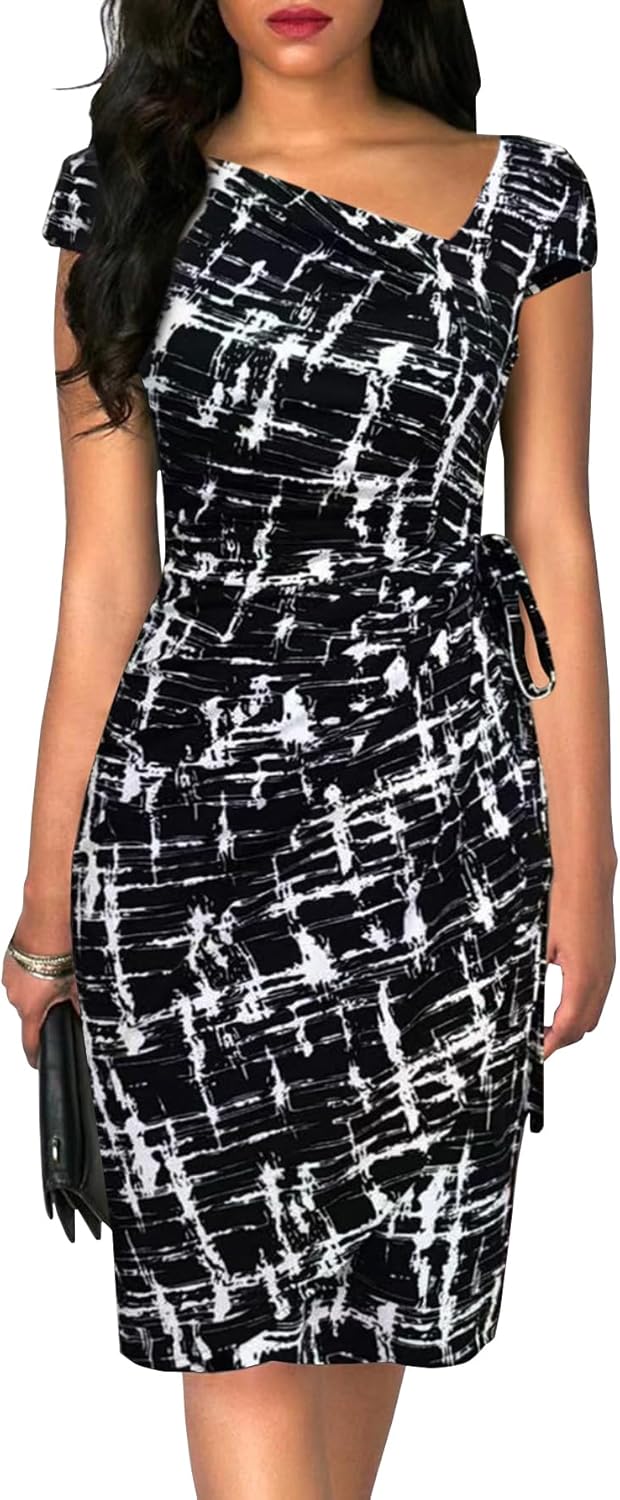 Vintage Cap Sleeve Asymmetrical Neckline Bodycon Dress for Women