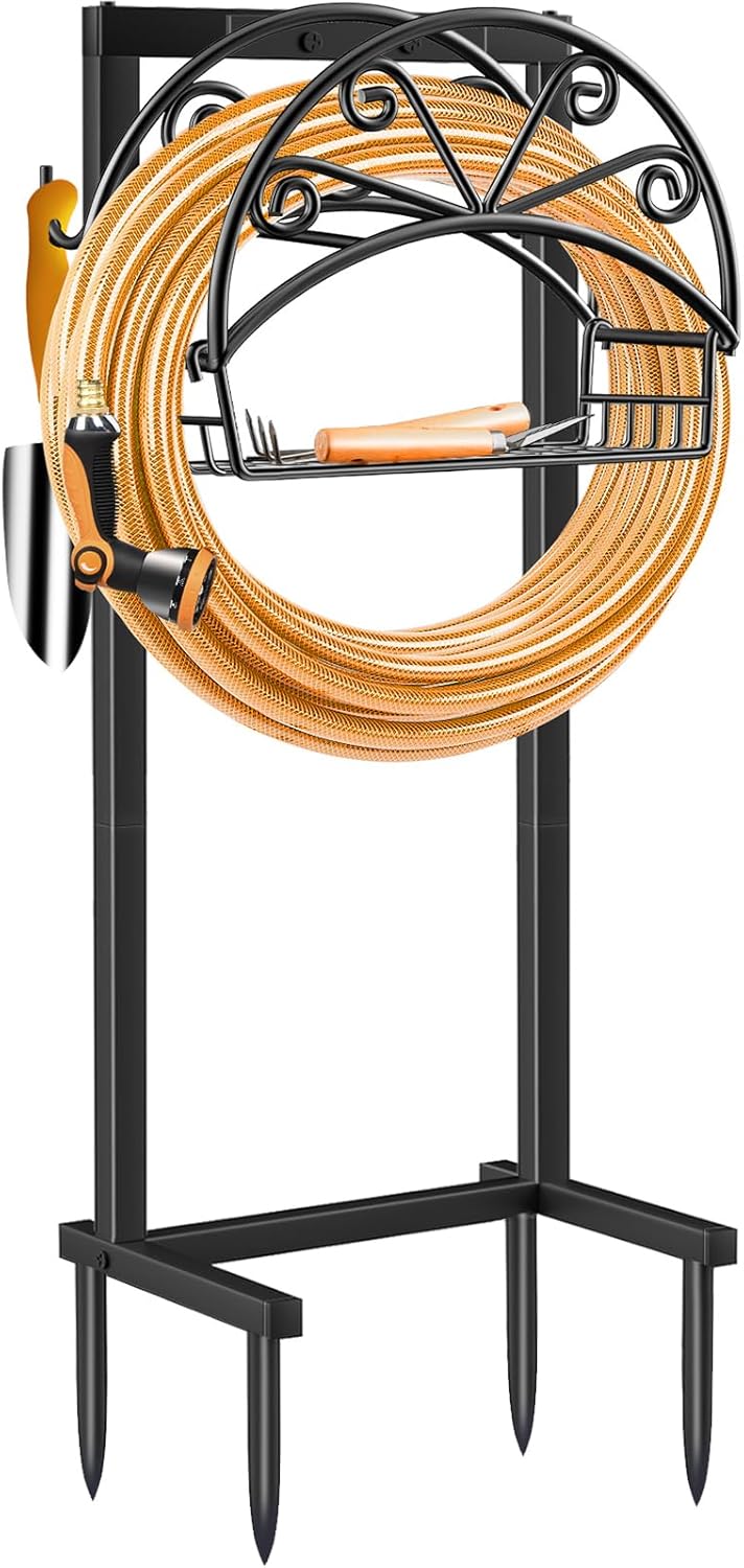 TomCare Garden Hose Holder with Storage Basket and Tool Hooks